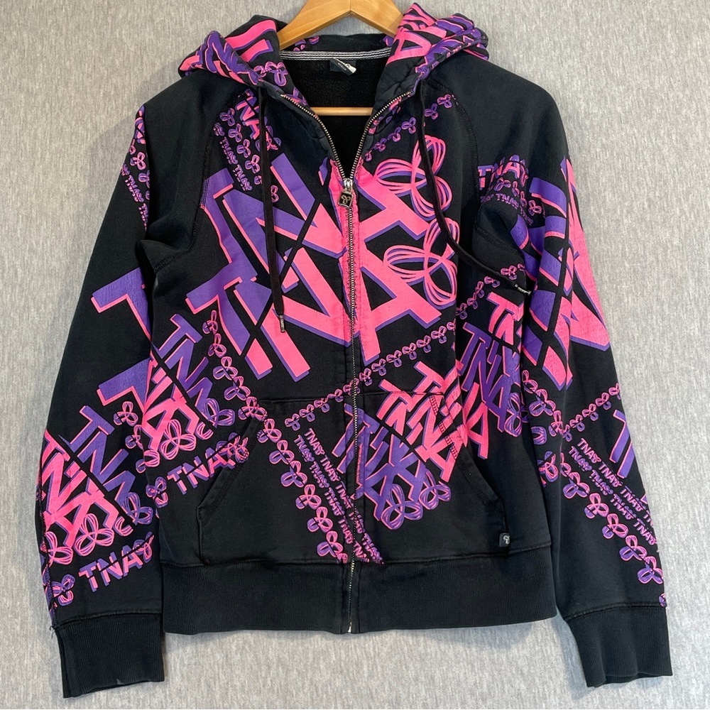 Aritzia TNA Graphic Hoodie Women’s Size Medium Black Pink Full Zip